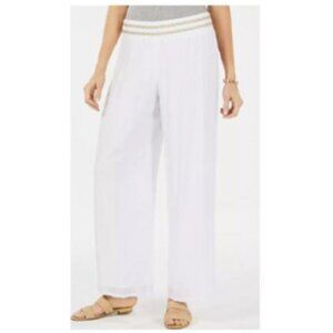 JM Collection Metallic Detailed Wide-Leg Gauze Pants Size: XL-Short - White/Gold